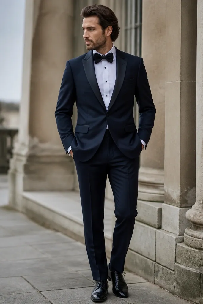A men’s black-tie wedding guest outfit in deep midnight navy: a fitted single-breasted jacket with subtle satin lapel sheen, matching tailored trousers, a crisp white dress shirt, and glossy black oxford shoes.