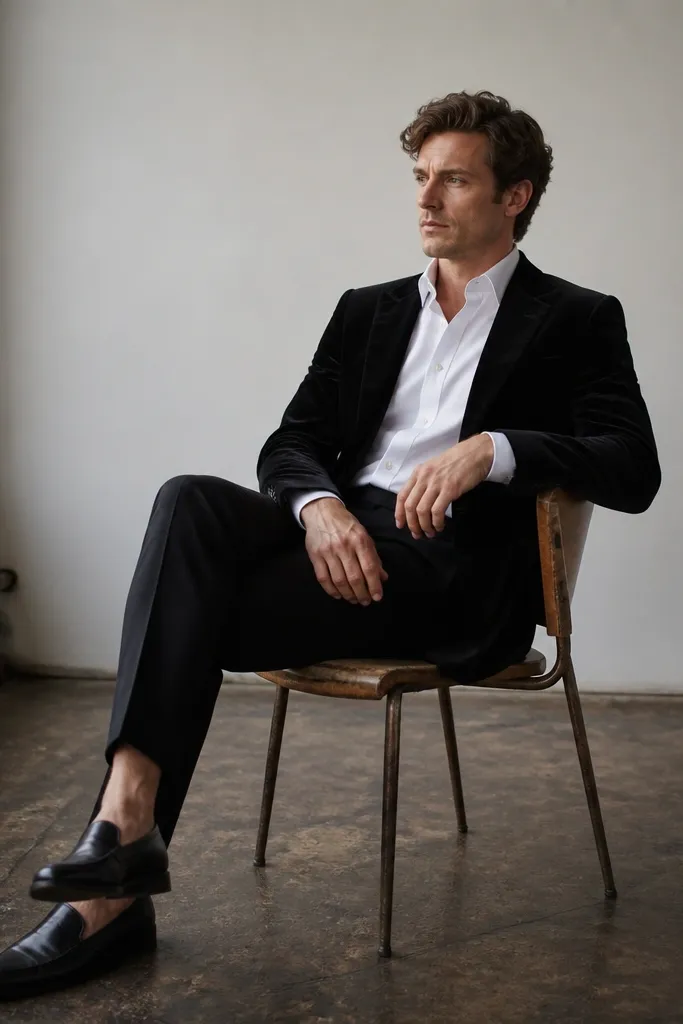 A black velvet blazer with a slight sheen sits over a white button-down shirt; the trousers are black wool and the shoes are black leather loafers with a minimal profile.