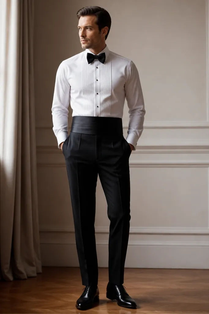 A crisp white dress shirt paired with a black bow tie and a black satin cummerbund; matching black trousers and polished black dress shoes complete the formal look.