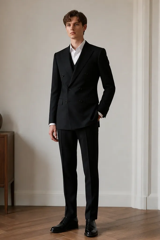 A double-breasted black jacket with structured shoulders, a subtle waistcoat layer underneath, a white shirt with a straight collar, and black patent leather shoes.