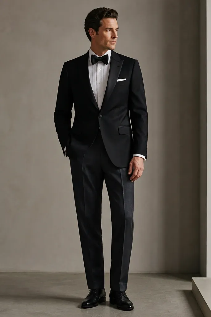 A black dinner jacket paired with charcoal wool trousers, a black silk bow tie, a white dress shirt, and black leather oxfords with a low shine finish.