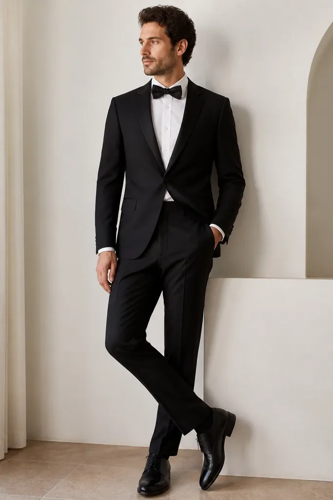 A lightweight black suit jacket with a subtle satin trim, a breathable white shirt, black bow tie, and smooth black dress shoes; the fabric looks airy and finely woven.