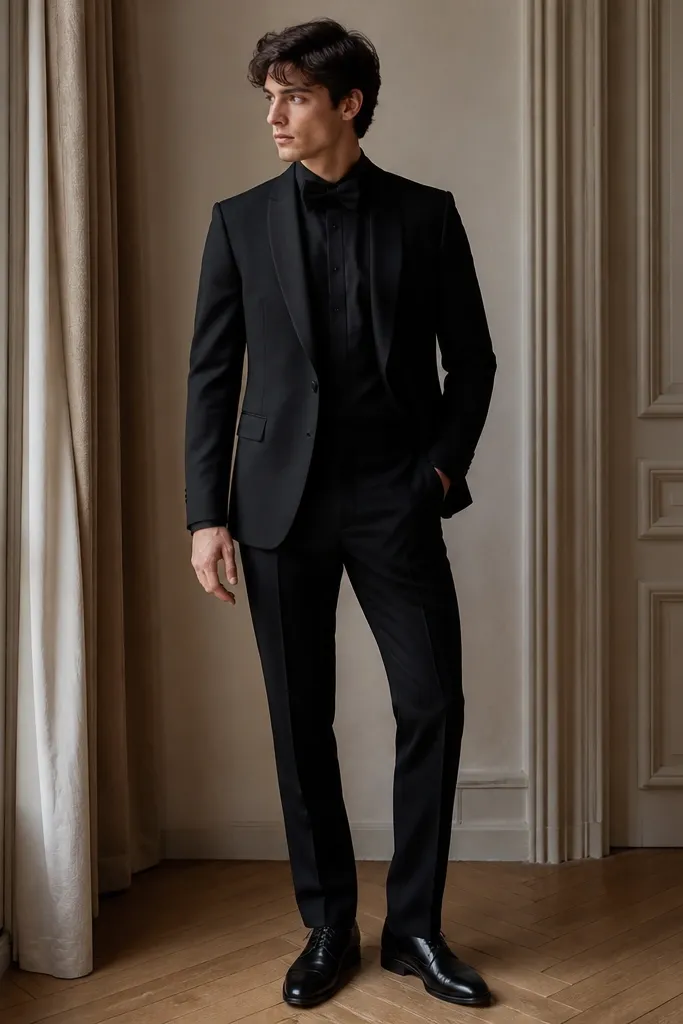 An all-black outfit: black dinner jacket and trousers, paired with a black textured dress shirt (subtle weave), a black bow tie, and black leather shoes.