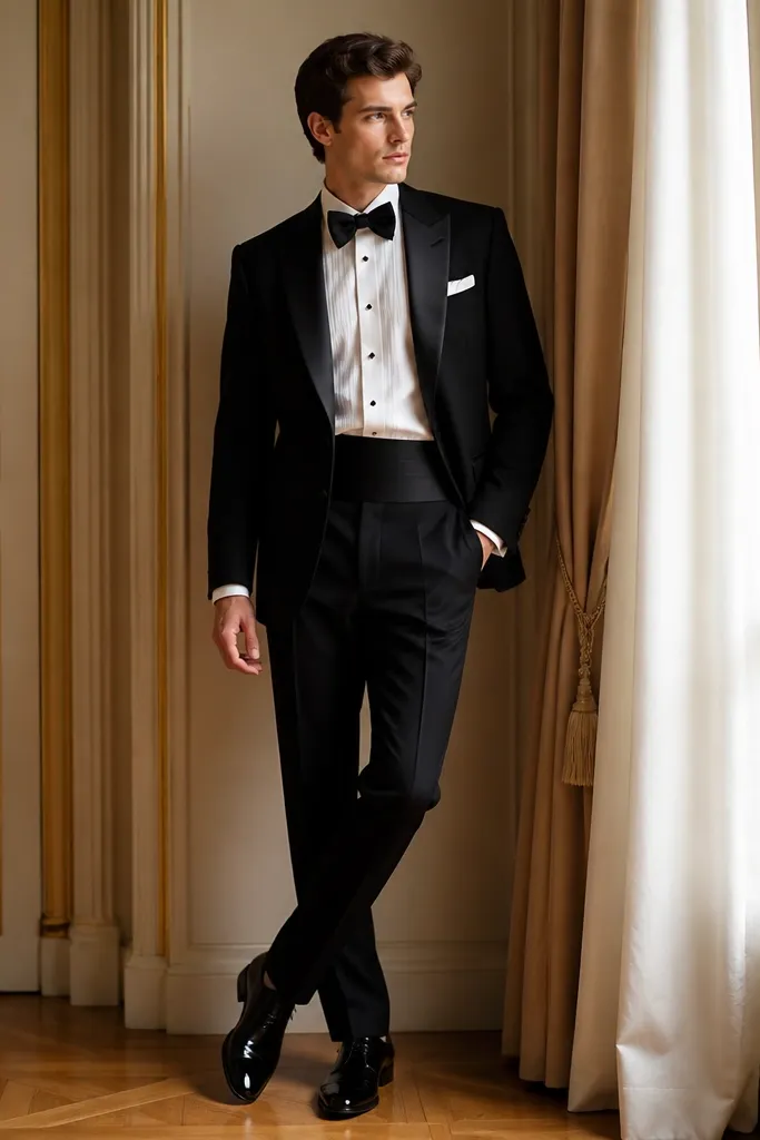 A classic black tuxedo with a crisp white wing-collar shirt and a black bow tie; the shoes are black patent leather with high shine, and the trousers are sharply tailored.