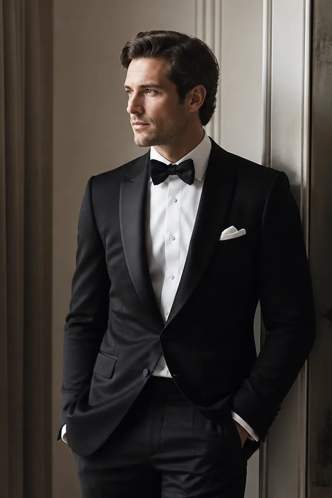 A black dinner jacket with a white linen pocket square neatly folded, a white shirt, black bow tie, and black tailored trousers; the overall look is minimal and crisp.