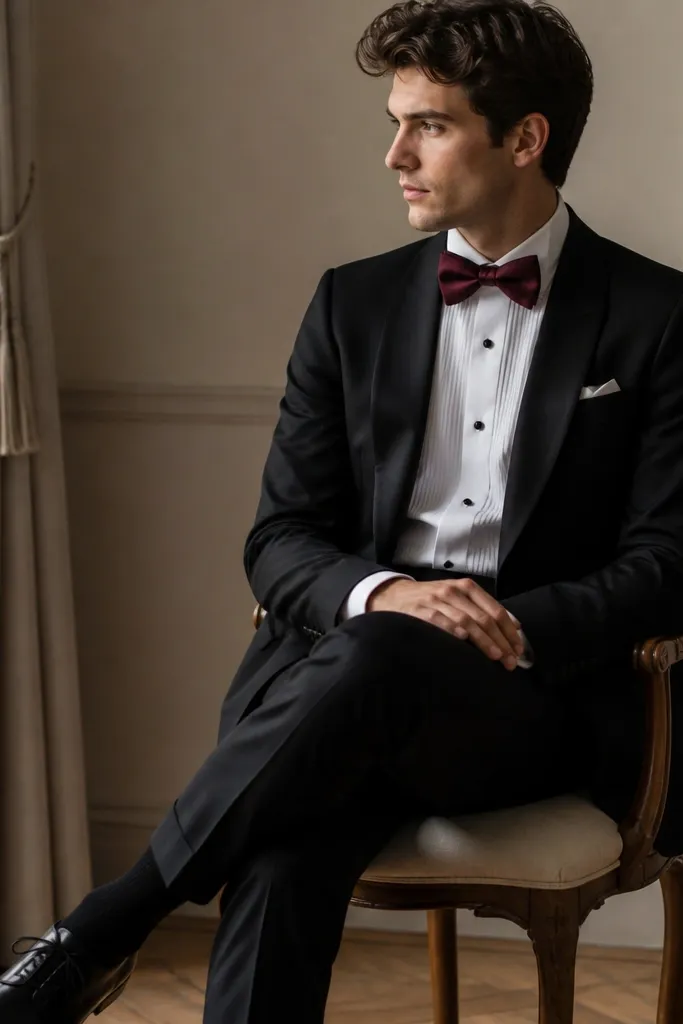 A black tuxedo jacket paired with a deep burgundy satin bow tie, a white dress shirt, and black trousers; the shoes are black leather oxfords.
