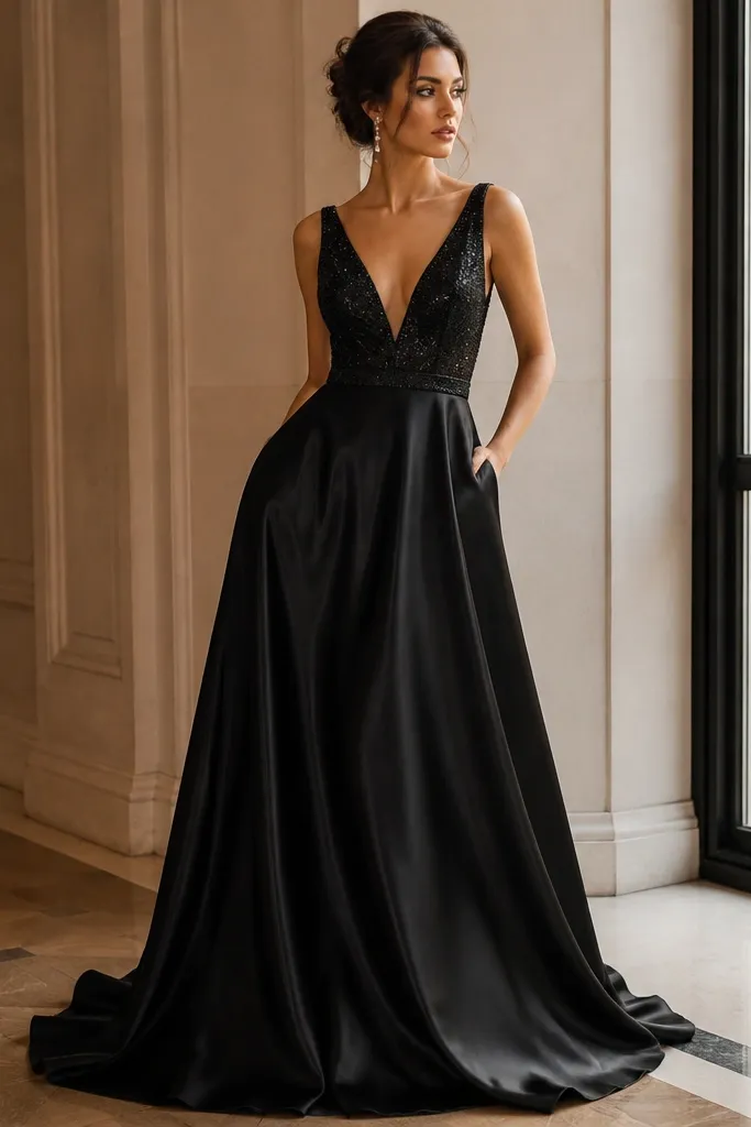 A floor-length black satin gown with subtle micro-sparkle at the bodice only, paired with simple drop earrings; the skirt stays mostly solid with a soft sheen.