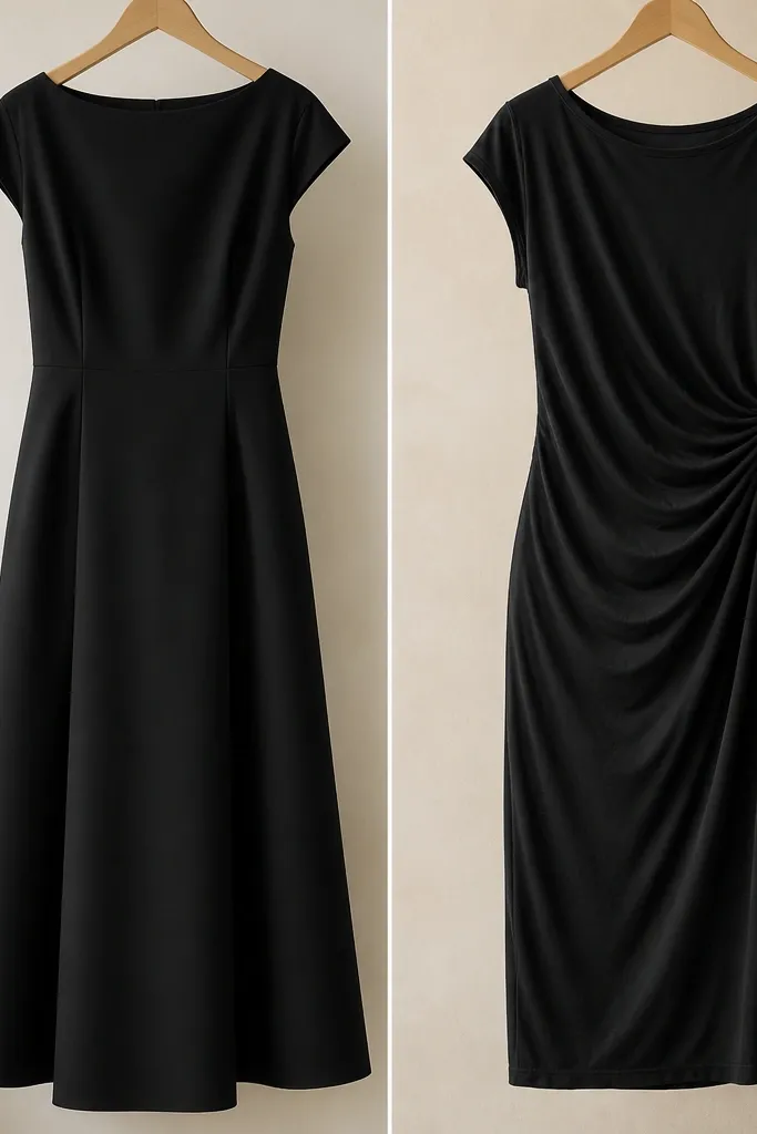 Two side-by-side garments: left is a structured black crepe midi with a clean drape, right is a black jersey dress with visible stretch and soft wrinkles.