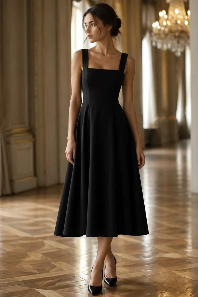A model wearing a black midi dress that ends mid-calf, with pointed heels; background shows a formal ballroom setting.