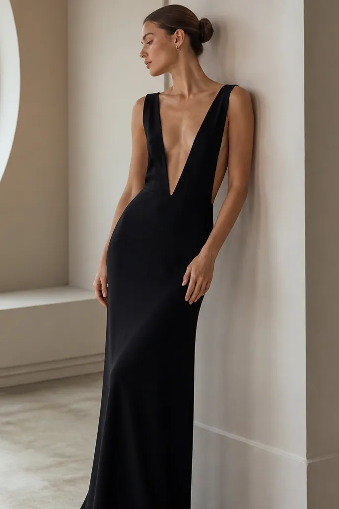 A black gown with a very deep V-neck and low back, styled with minimal accessories; the skirt is plain and the neckline dominates the look.