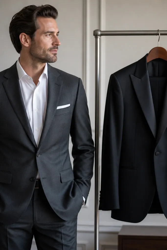 A man in a charcoal suit with a matte finish and a regular dress shirt, standing next to a tuxedo jacket on a hanger for comparison.