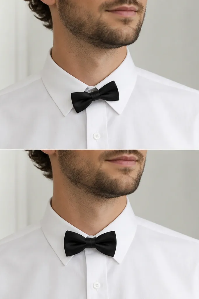 A bow tie that sits off-center on a white shirt, with an undersized bow shape compared to a correctly centered bow.