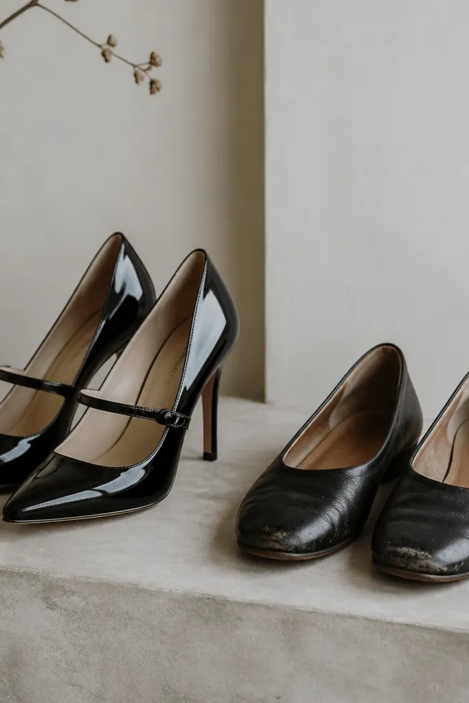 Two shoe pairs: left is black patent leather stilettos with a sleek strap; right is matte leather flats with visible scuffs.