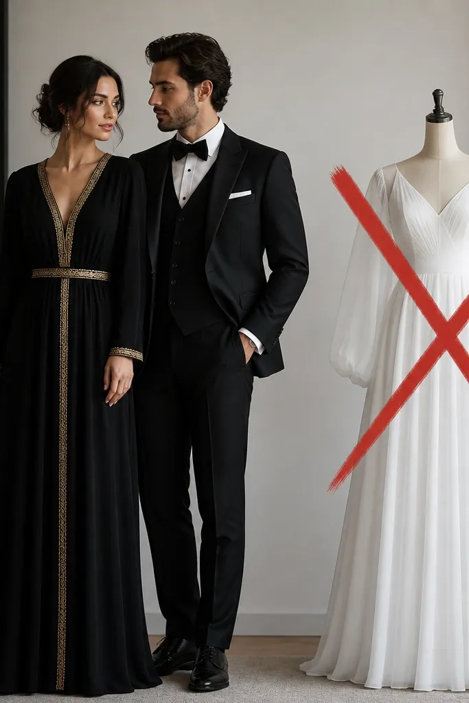 A woman in an all-black gown with a subtle gold trim and a man in a black tuxedo; beside them is a bright white dress option crossed out.