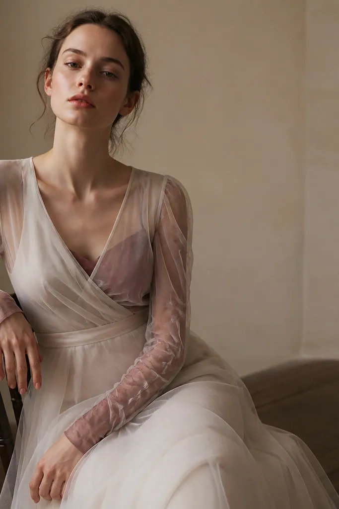 A gown with sheer sleeves that show a contrasting underlayer; the underlayer looks mismatched and slightly wrinkled.