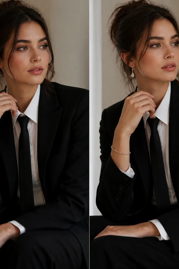 A black tie outfit with a casual beaded bracelet and a chunky ring; the same outfit is shown again with delicate drop earrings and a refined bracelet.