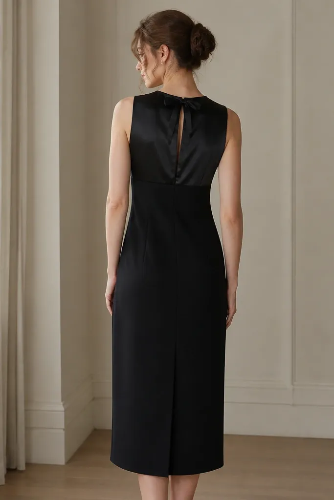 Back view of a black midi dress showing a satin-back panel and a small bow detail at the back neckline.