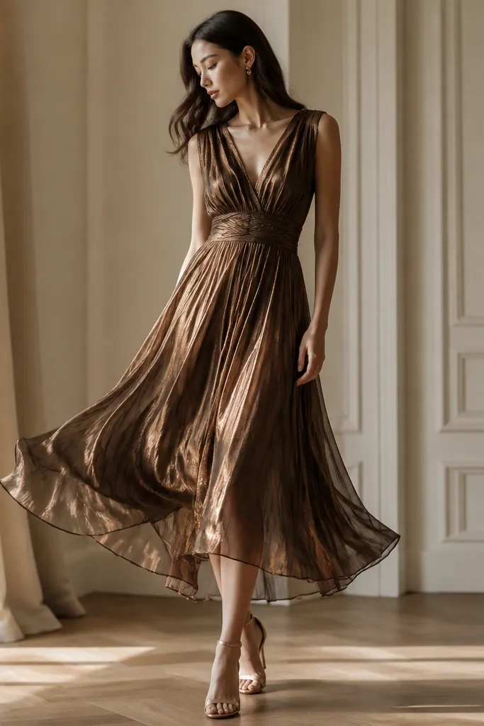 Model wearing a bronze metallic chiffon midi dress with an A-line skirt and delicate movement, photographed indoors.