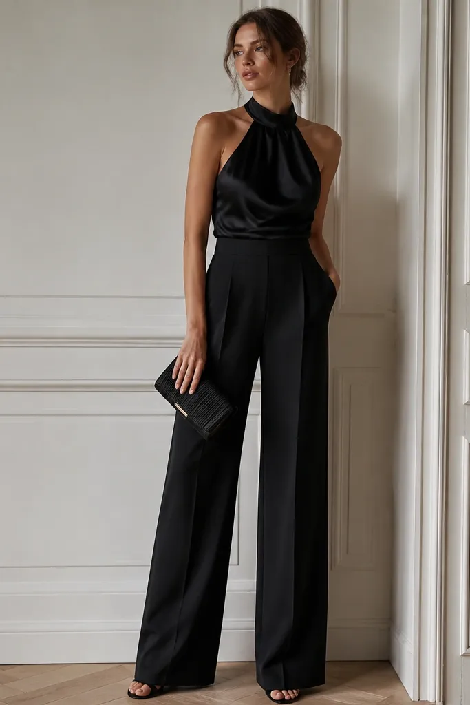 Two-piece outfit: black satin halter top and tailored wide-leg trousers, shown as a coordinated set with a clutch.