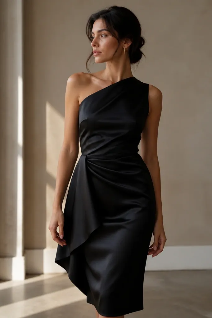Model wearing a black one-shoulder satin midi dress with a draped waist panel and smooth, reflective fabric.