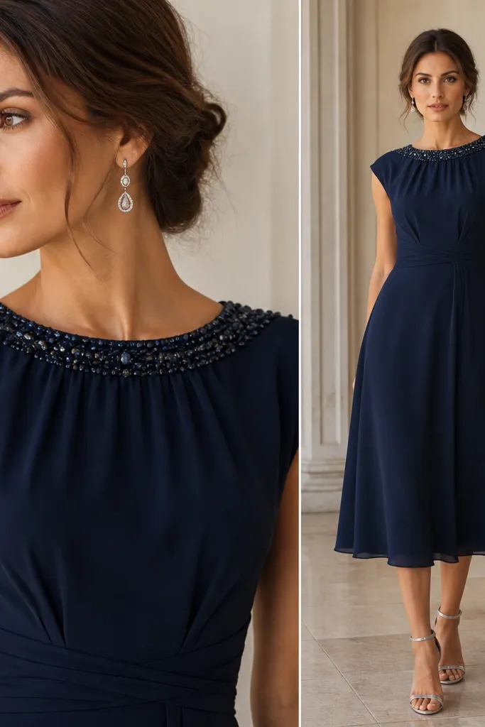 Close-up and full view of a navy midi dress with a beaded neckline and simple skirt, styled with drop earrings.