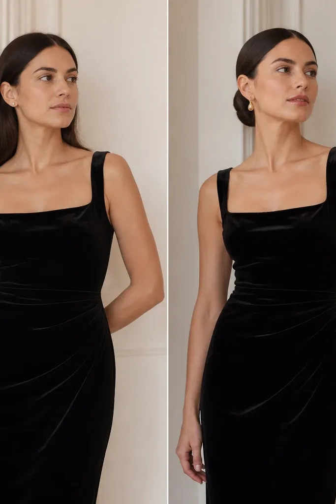 Two side-by-side shots of a woman in a black velvet midi dress; the before photo shows plain silver studs and flat hair, the after photo shows warm gold drop earrings, a sleek low bun, and a glossy lip.