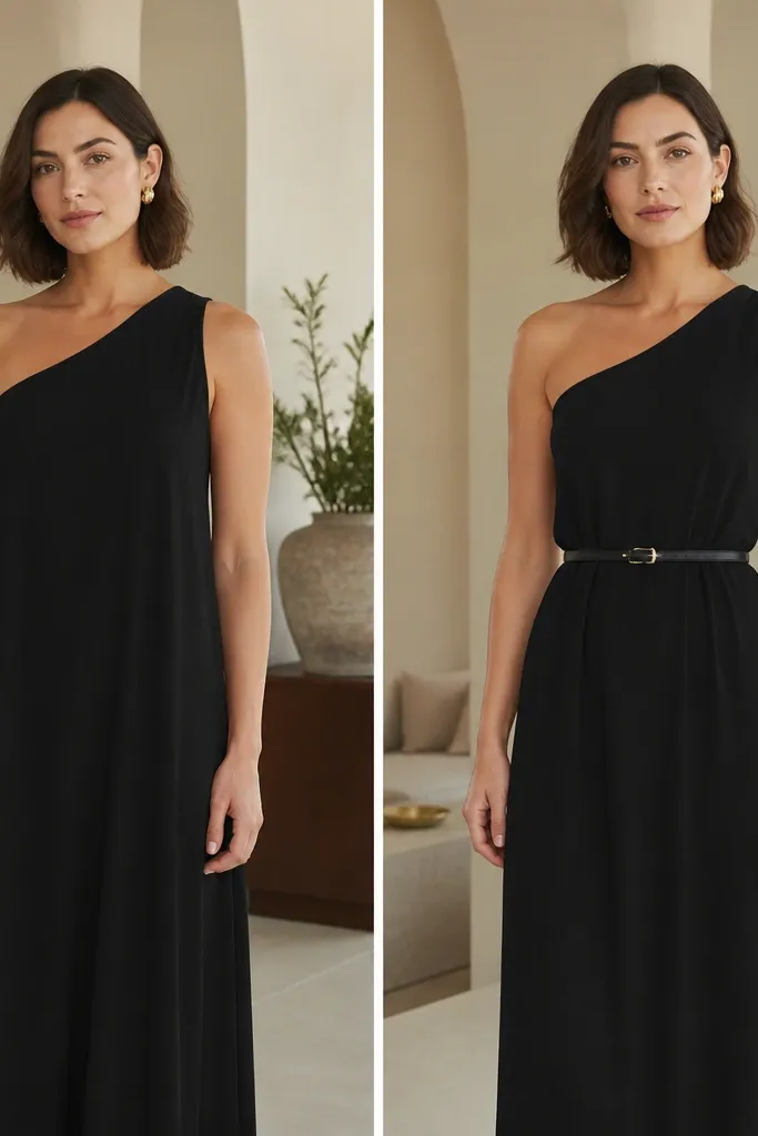 Two photos of a woman in a one-shoulder black dress; the before has the fabric hanging straight with a relaxed waist, the after shows the same dress with a slim belt at the smallest part of the waist and a more defined shoulder line.