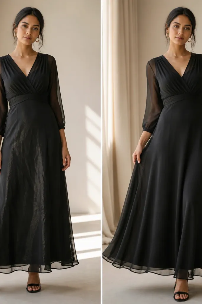 A woman in a black chiffon overlay dress; the before shows visible creases near the skirt and sleeves, the after shows smoother draping with the overlay falling in soft waves.