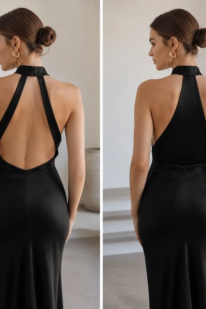 Two photos of a woman in a black halter gown; the before shows the back straps gapping, the after shows a snug, centered back with the neckline sitting higher and the collarbone area looking cleaner.