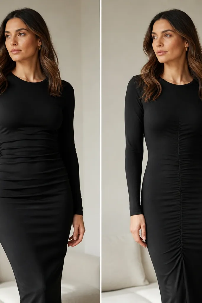 Side-by-side photos of a woman wearing a black ruched dress; the before has the ruching bunched at the midsection, the after shows the ruching smoothed with vertical emphasis and a cleaner waist line.
