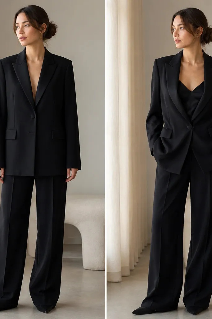 Two shots of a person wearing a black tuxedo-style pantsuit; the before looks matte and boxy, the after shows a satin camisole underneath with a deeper neckline and a slightly more defined waist.