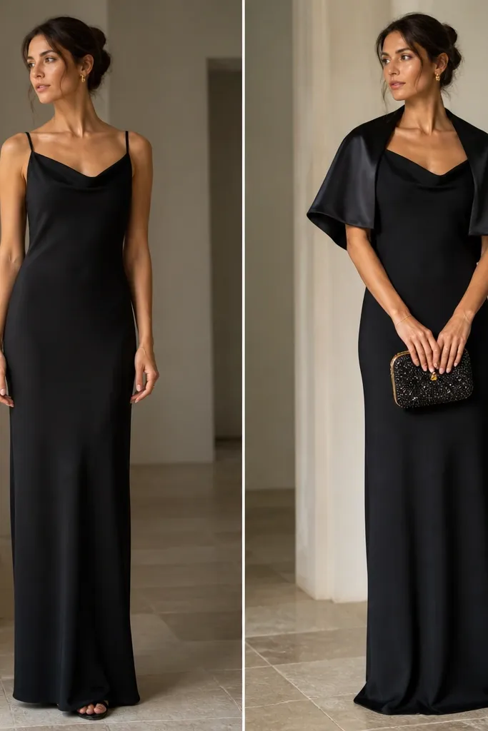 Two photos of a woman in a black column dress; the before is just the dress with minimal accessories, the after includes a short satin capelet/shawl draped over the shoulders and a statement clutch.