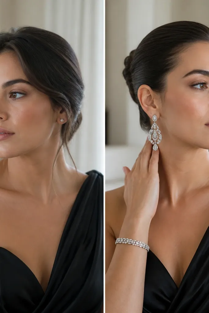Two side-by-side portraits of a woman in a black gown; the before shows small stud earrings, the after shows larger crystal chandelier earrings and a matching bracelet with a tighter hairstyle.