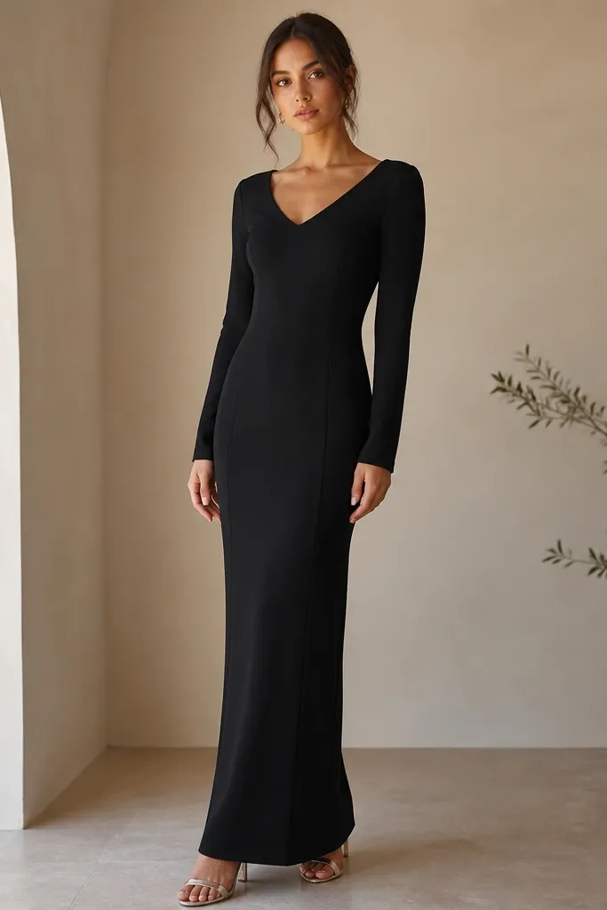 A women’s black floor-length crepe column dress with a soft V-neckline, long sleeves, and subtle vertical seams that skim the body; paired with simple metallic heels.