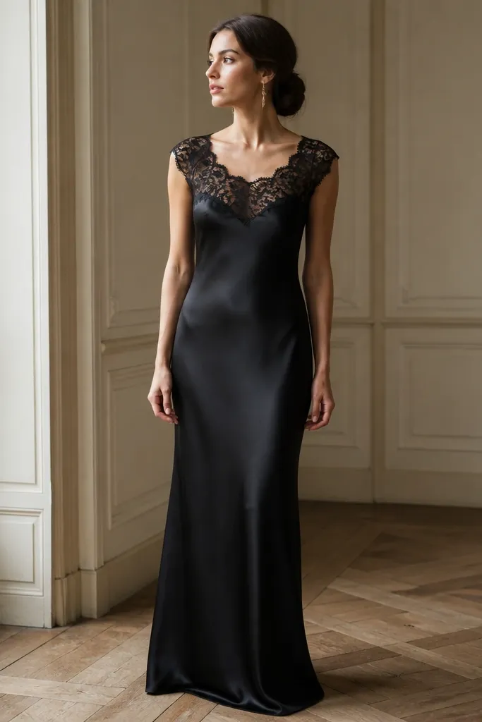 A black satin slip dress with a wide rounded neckline layered with delicate lace; the skirt falls straight to the floor with a gentle sheen; styling shows a low bun and drop earrings.