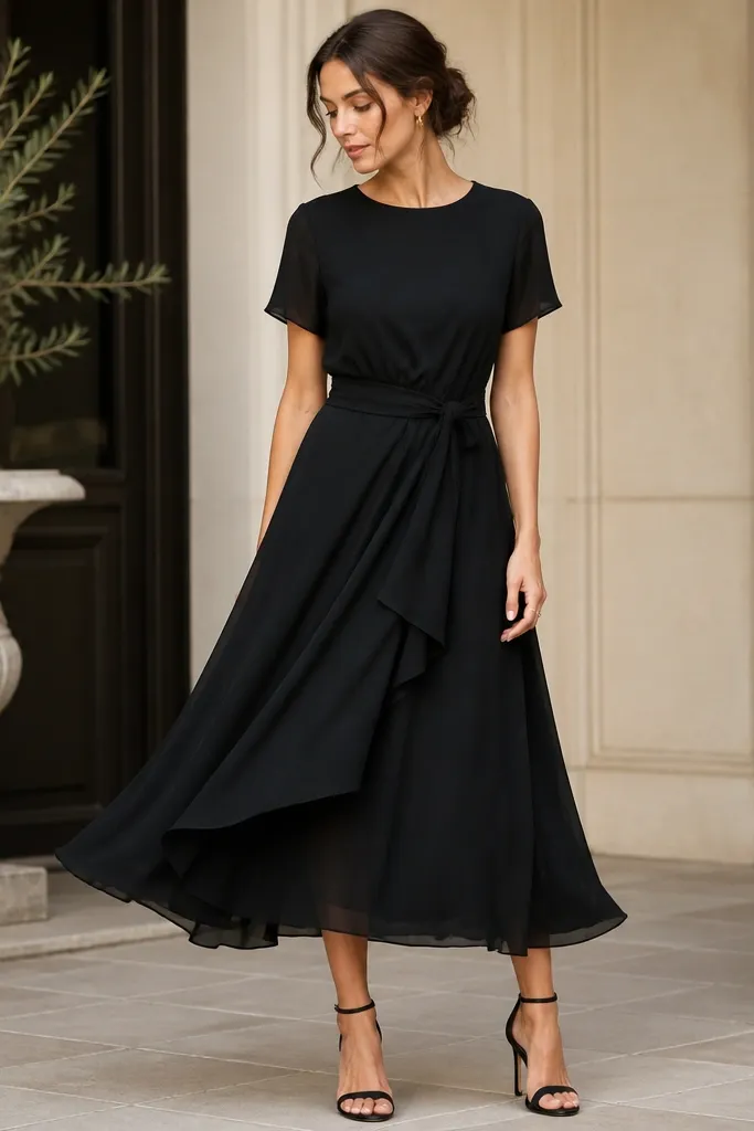 A black chiffon A-line midi dress with a draped waist tie and layered skirt movement; the neckline is modest with short sleeves; the image shows a tea-length hem.