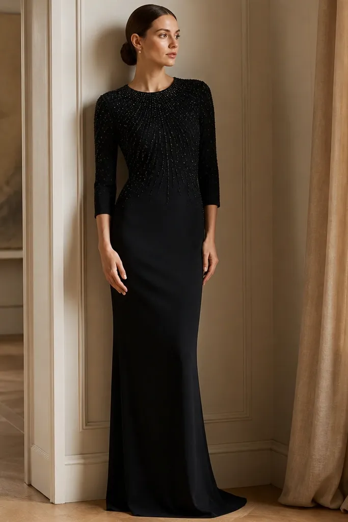 A black beaded column dress with a crew neckline, three-quarter sleeves, and fine beadwork concentrated on the bodice and neckline.