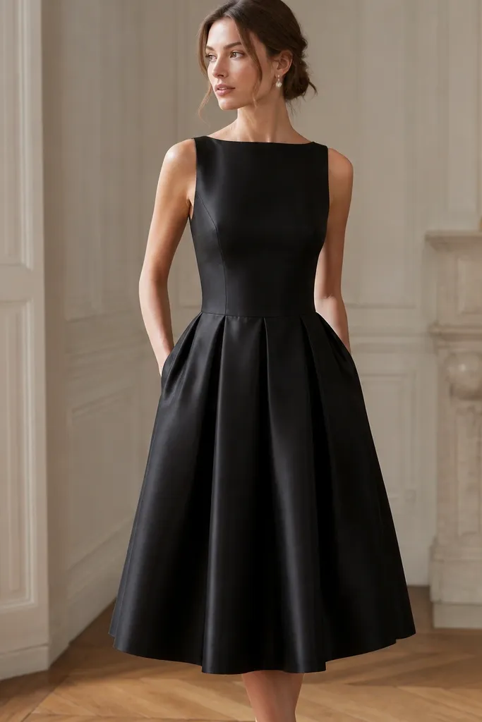 A black structured satin midi dress with a fitted bodice and a box-pleated skirt that flares gently; the hem ends around mid-calf.