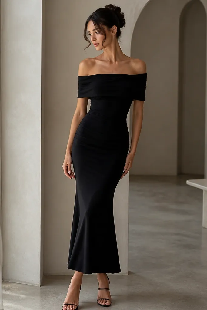 A black off-shoulder jersey dress with soft draping across the bust and a tapered, slightly flared hem; shown with a simple updo and strappy heels.