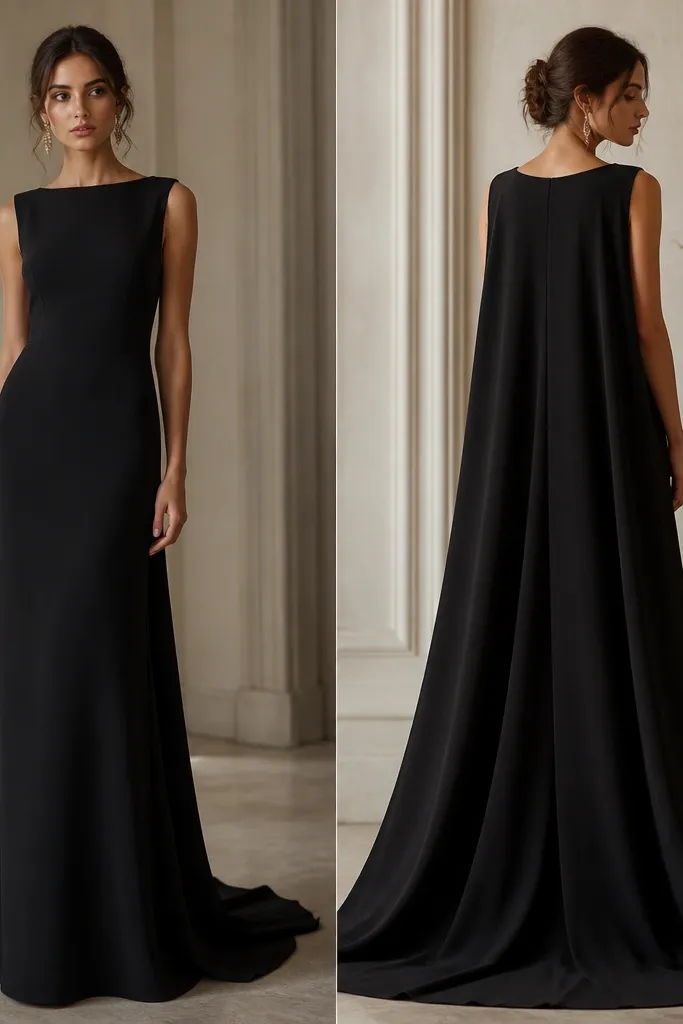 A black crepe evening dress with a smooth fitted bodice and a flowing cape-like back panel; the front is simple and the back adds drama; floor-length hem.