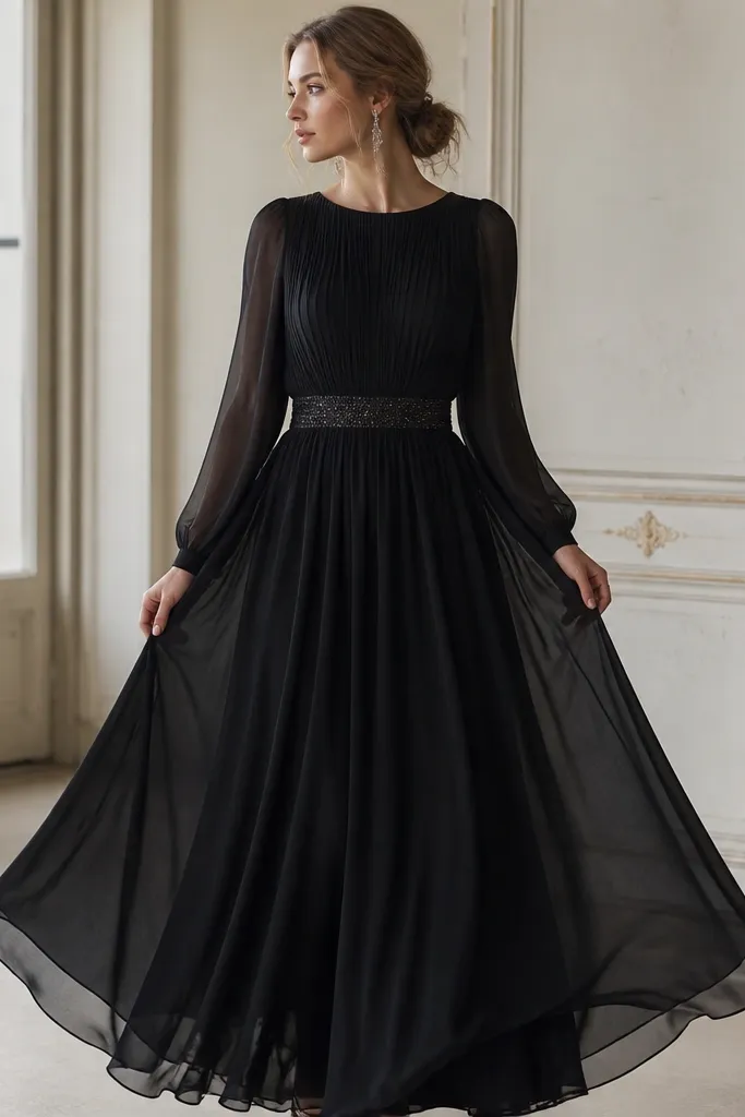 A black long-sleeve chiffon dress with subtle sparkle at the waist and a flowing skirt; the neckline is rounded and the fabric looks airy but layered.