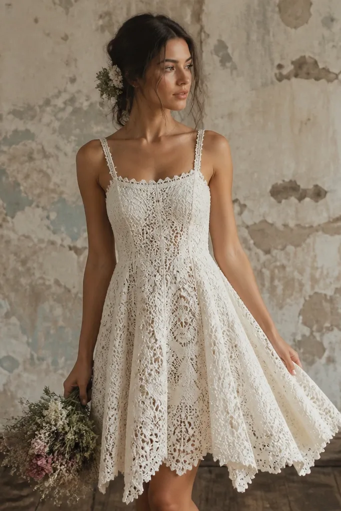 A cream crochet-overlay boho short wedding dress with an A-line shape, slightly flared skirt, and a raw, uneven hem. The neckline is square with delicate crochet edging and thin straps.