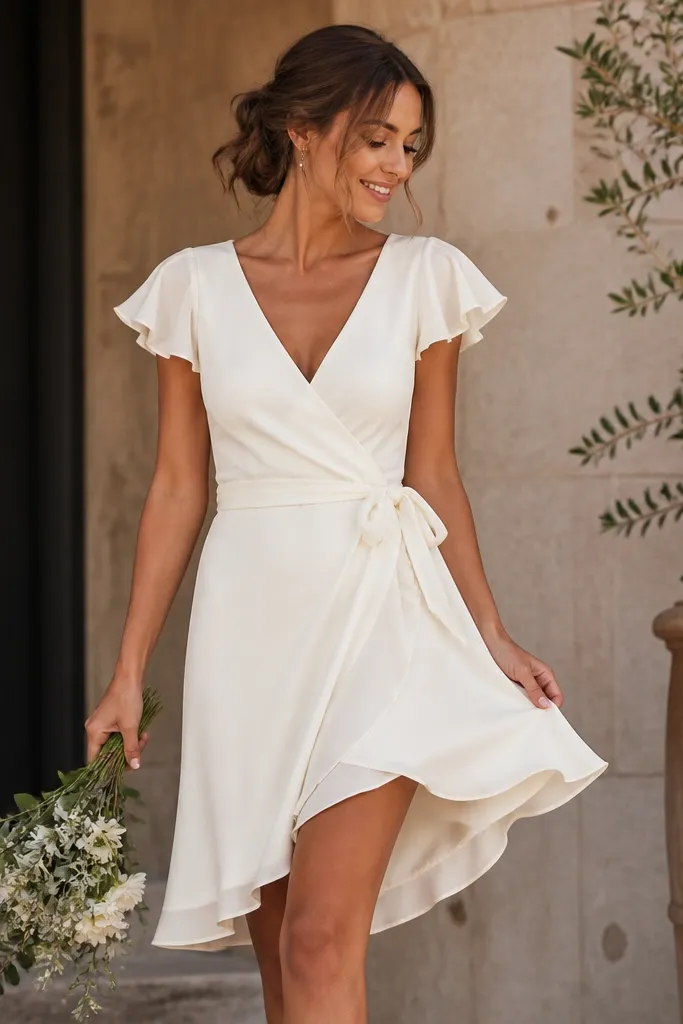 A short wrap-style wedding dress in warm ivory with a deep V wrap neckline, flutter sleeves, and a tie waist. The skirt has gentle movement and a slightly curved hemline.