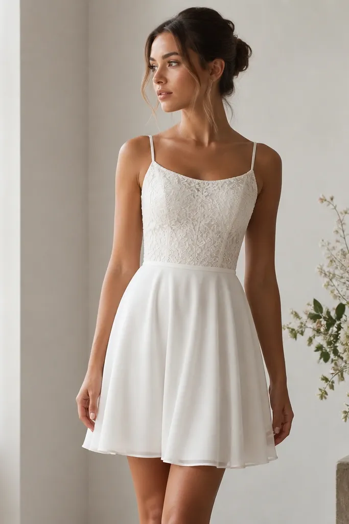 A mini wedding dress with a fitted lace bodice in ivory and a flowing chiffon skirt that starts just below the waist. The neckline is rounded and the straps are thin.