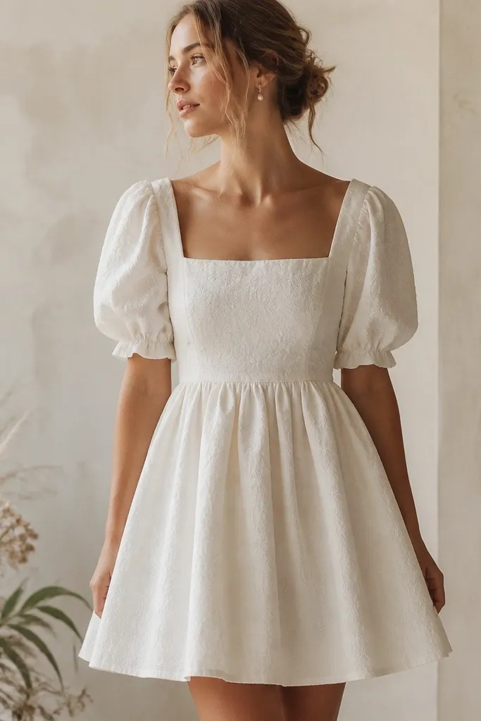A boho short wedding dress in soft ivory with a square neckline, short puff sleeves, and a gathered waist. The skirt is gently gathered and ends above the knee.