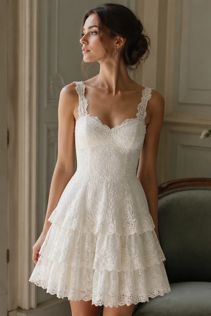 A short wedding dress with a tiered ruffle hem made of vintage-style lace. The bodice is simpler with a fitted silhouette and delicate lace straps.