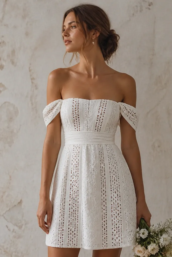 An off-shoulder ivory boho short wedding dress with eyelet embroidery panels and a fitted waist. The skirt is straight-to-slightly-a-line, ending above the knee.