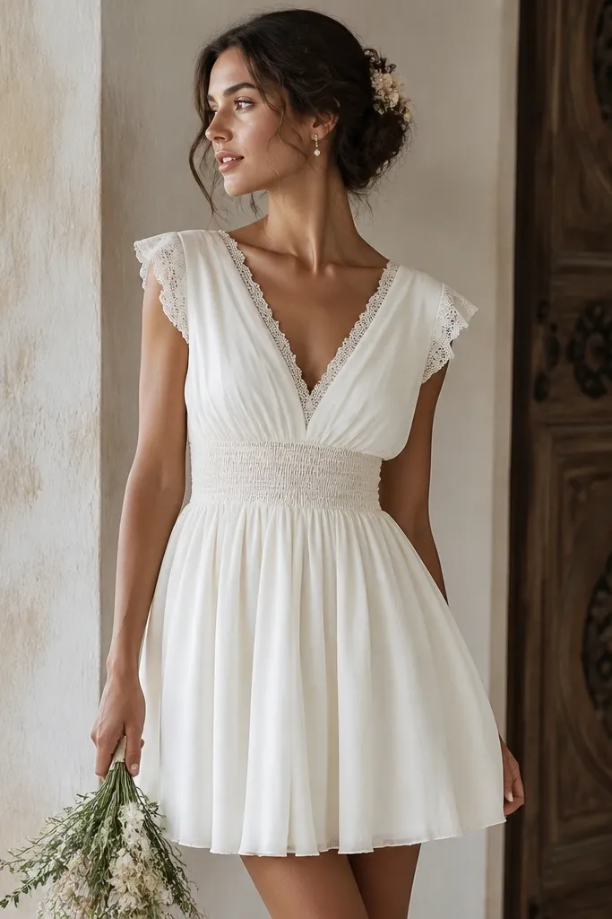 A short wedding dress in warm ivory featuring a smocked waist panel, delicate lace trim along the neckline, and a skirt that falls loosely from the gathered waist.