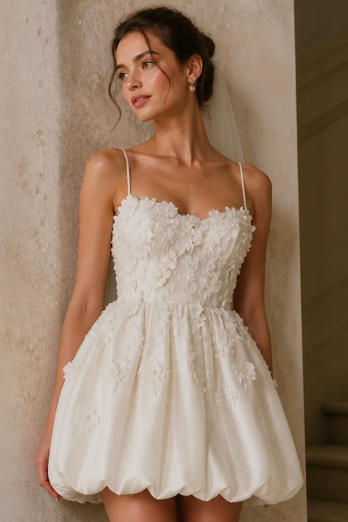 A short wedding dress in ivory with scattered floral appliqué across the bodice and upper skirt. It has thin straps and a softly gathered mini skirt.