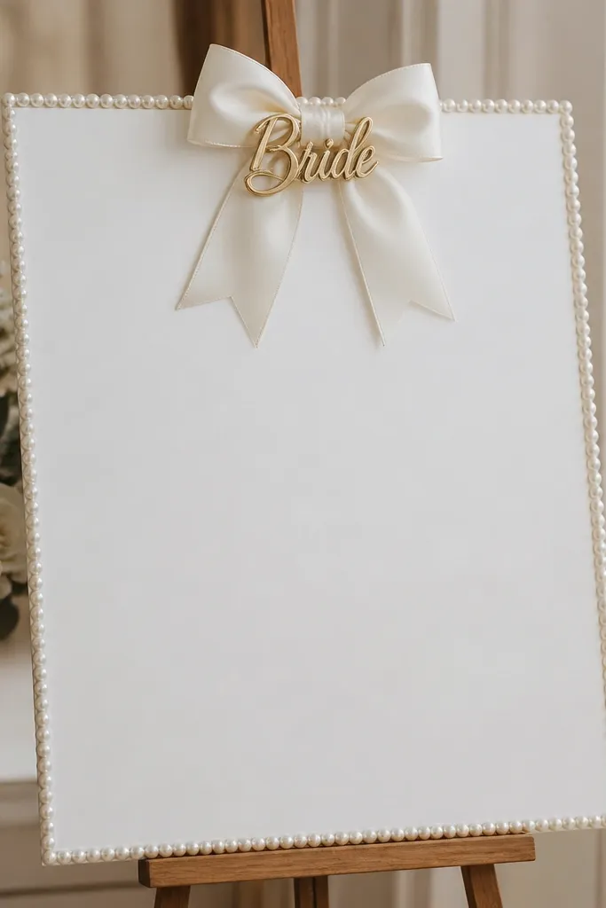 A white foam board welcome sign trimmed with a thin faux pearl garland along the edges, topped with a cream satin bow and a small gold script “Bride” accent.